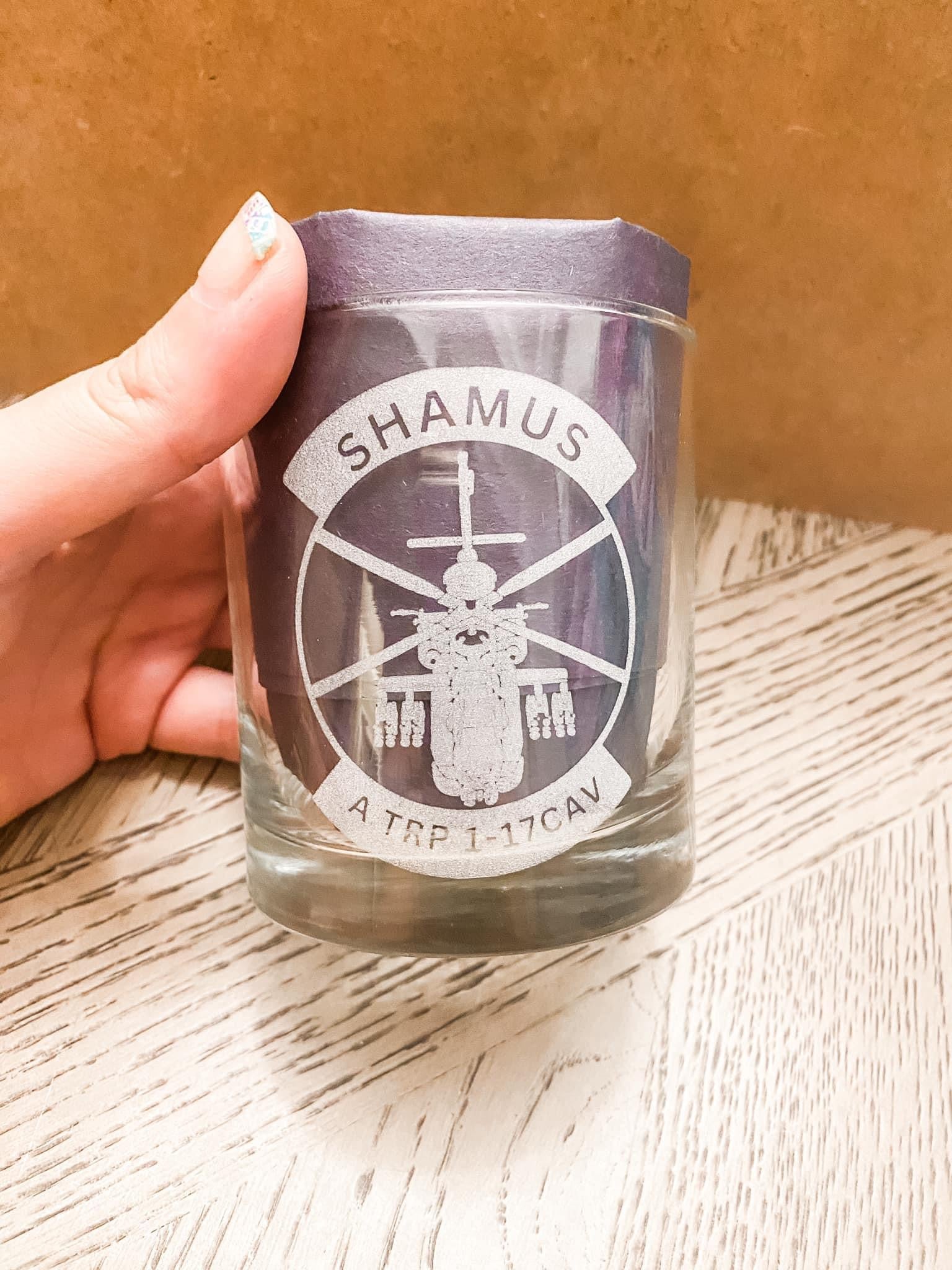 Laser engraved military whiskey glass